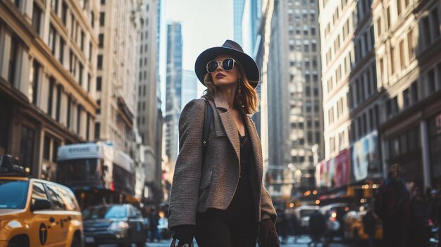 Photo a woman in a hat and sunglasses is walking down a street