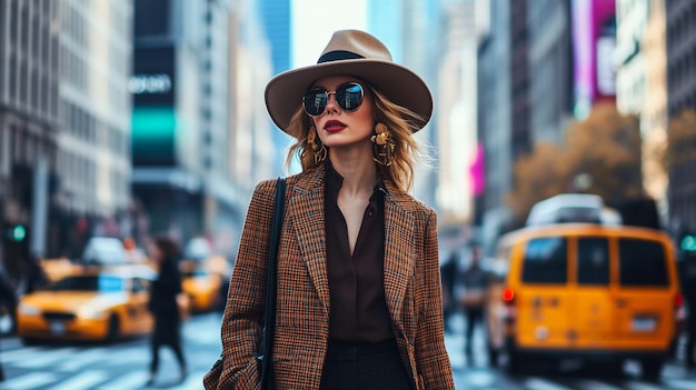 a woman in a hat and sunglasses is walking in the street