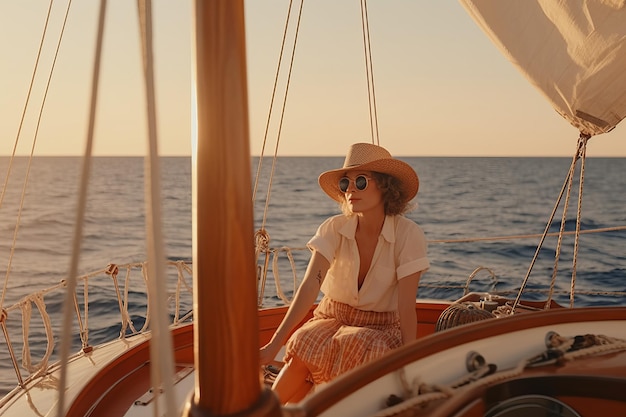 A woman in a hat and sunglasses sits on a boat in the ocean.