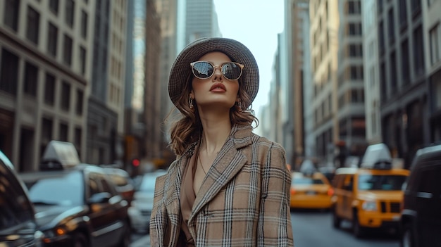 a woman in a hat and sunglasses stands on a city street