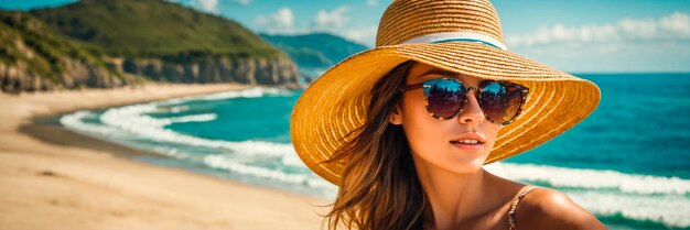 woman in a hat on a tropical beach Selective focus