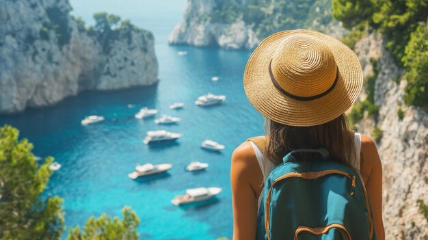 Photo woman in a hat with a backpack admiring the landscape