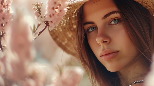 a woman in a hat with a flower in the background