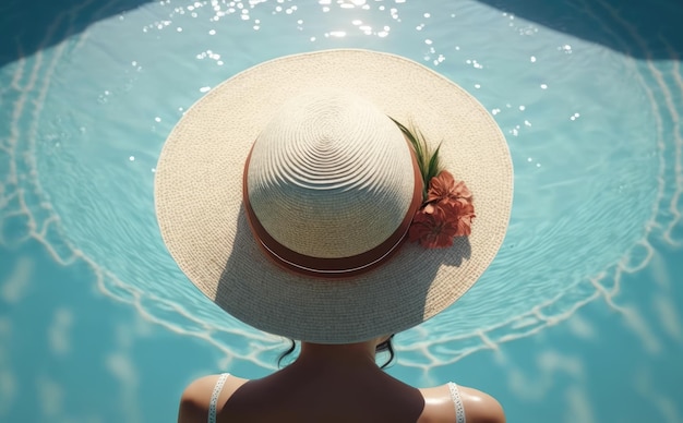 A woman in a hat with a flower is standing in a pool. ai generated