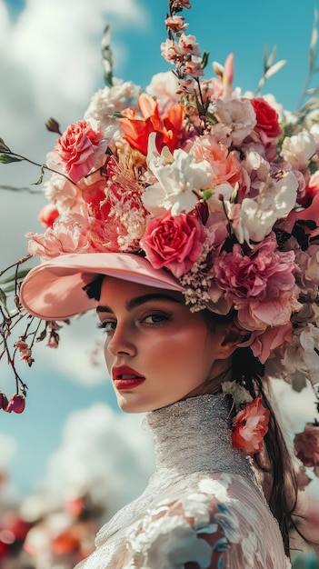 Photo a woman in a hat with flowers on her head