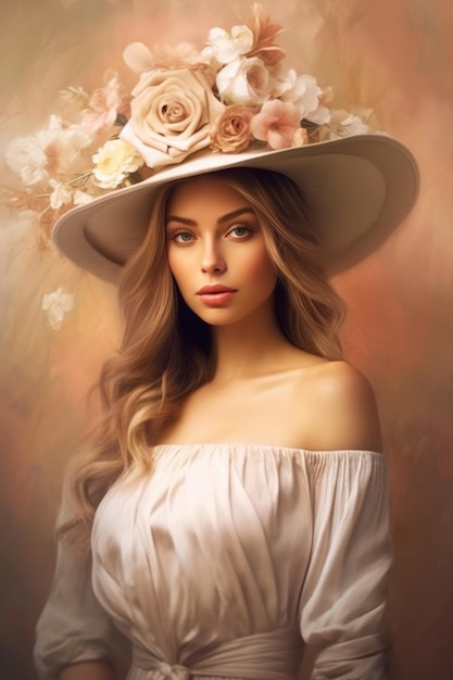 A woman in a hat with flowers on it