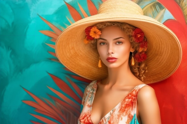 A woman in a hat with flowers on it