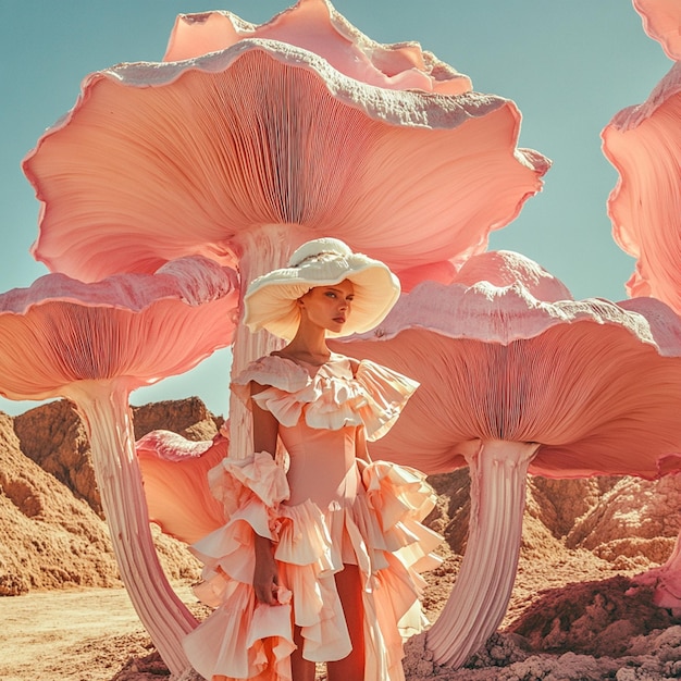 a woman in a hat with a large mushroom in the background