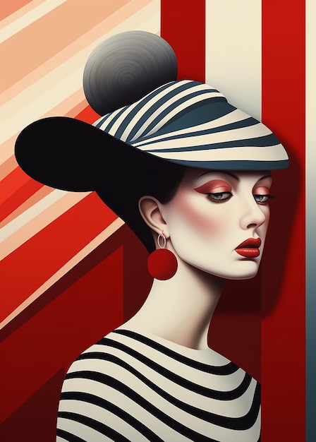 a woman in a hat with a red and white striped background