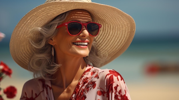 A woman in a hat with sunglasses on the beach