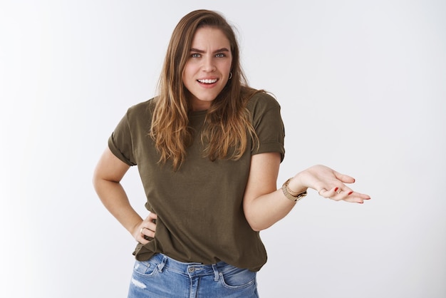 woman having argument shrugging hand raised dismay asking question irritated