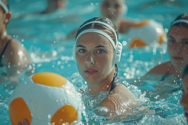 A woman having fun playing with a ball in a pool Ideal for leisure and recreation concepts