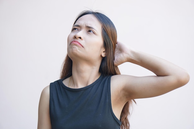 Woman having headache from overwork not enough rest