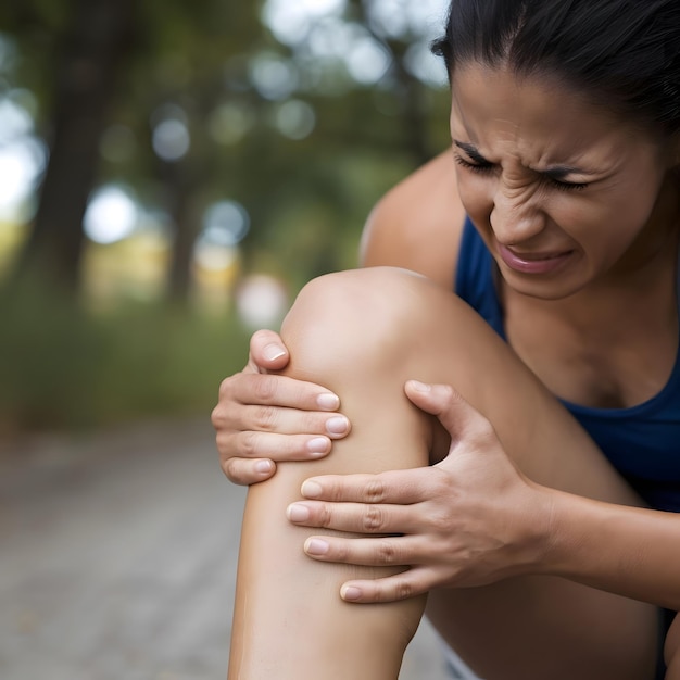 Woman having pain in knee Female hands holding her knee with highlighted instability and swelling