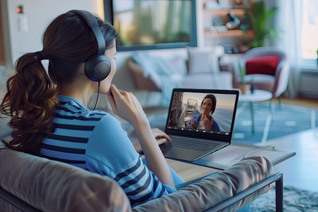 Photo woman having a video call at home on laptop with headset