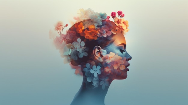 Woman head and flowers Generative Ai