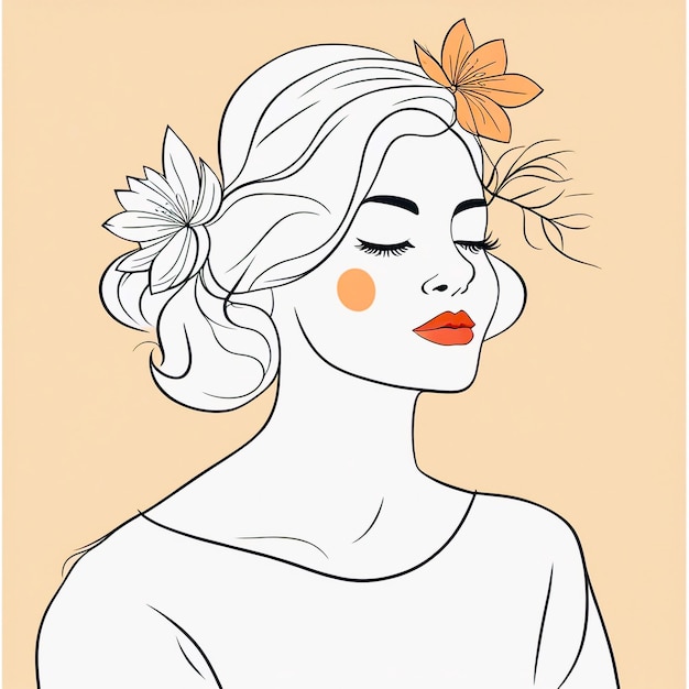 Woman head with orange flowers lineart illustration