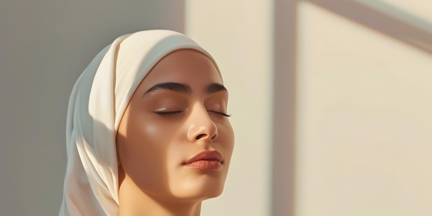 A woman in a headscarf peacefully enjoying the warmth of sunlight in a tranquil and serene moment of