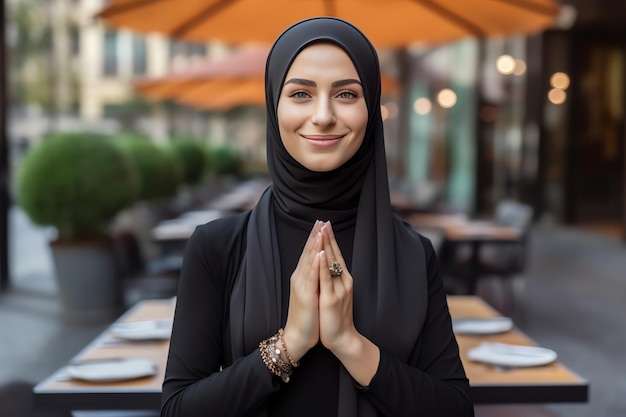 A woman in a headscarf with namaste hands