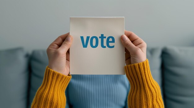 Photo the woman held a piece of paper with the word vote written on it