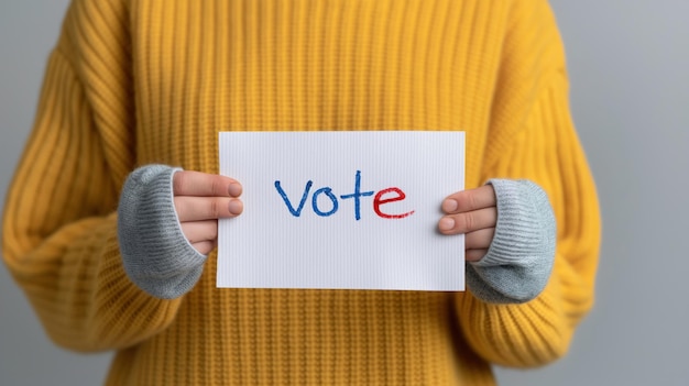 Photo the woman held a piece of paper with the word vote written on it