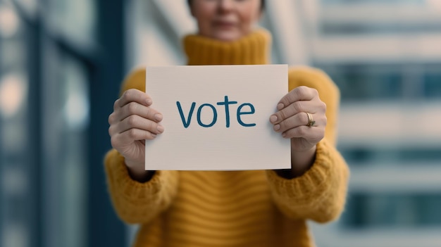 Photo the woman held a piece of paper with the word vote written on it