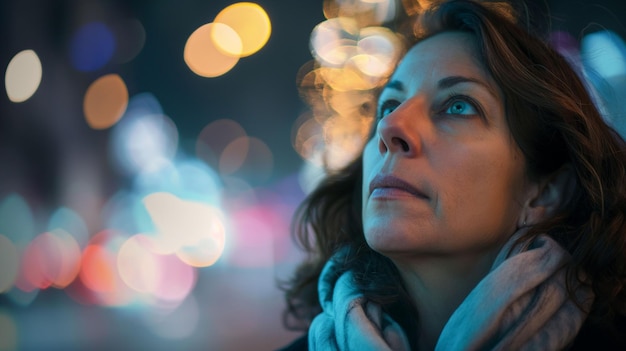 woman in her 40s in the city at night illumination portrait image