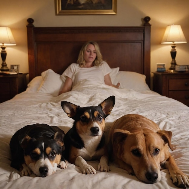 Photo woman and her dog are on a bed with two dogs