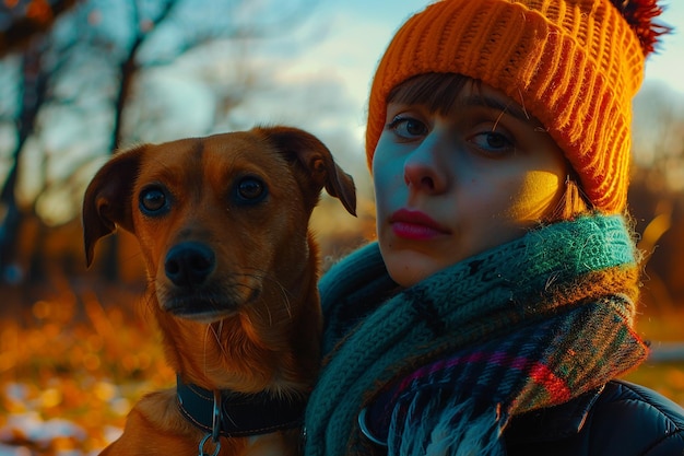 a woman and her dog are hugging each other in the woods