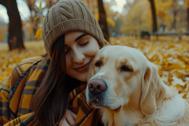 a woman and her dog are hugging each other in the woods