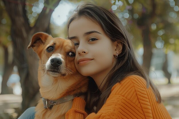 a woman and her dog are hugging each other in the woods