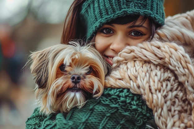 a woman and her dog are hugging each other in the woods