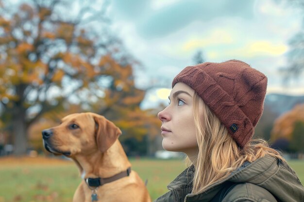 a woman and her dog are hugging each other in the woods