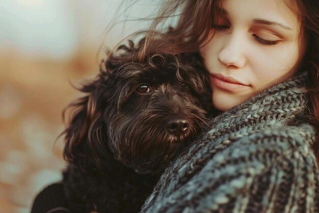 a woman and her dog are hugging each other in the woods