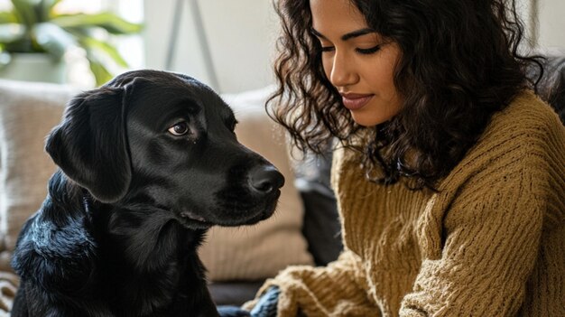 Photo a woman and her dog are looking at each other