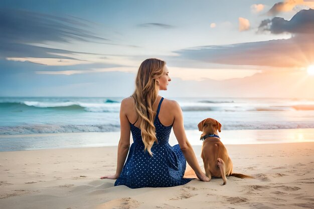 A woman and her dog sit on the beach and look at the ocean.