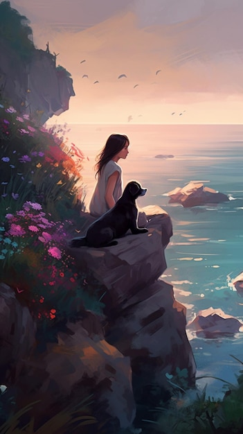 A woman and her dog sit on a cliff looking out at the ocean.