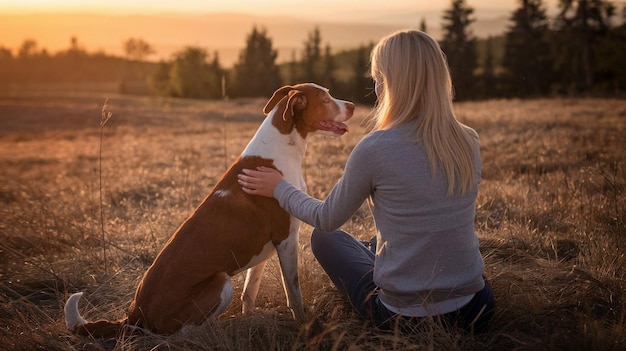 a woman and her dog sit in a field one of them is holding a dog