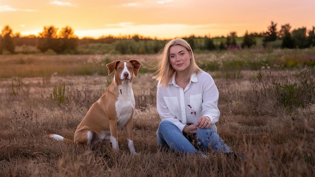 a woman and her dog sit in a field with the sun behind them