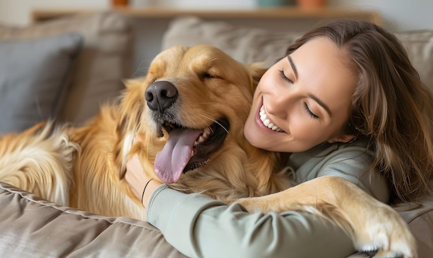 woman and her golden retriever dog relaxing on a couch