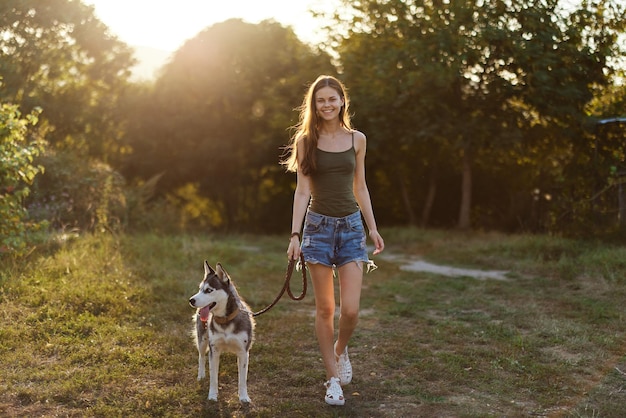 Woman and her husky dog walking happily on the grass in the park smile with teeth in the fall walk with her pet travel with a dog friend