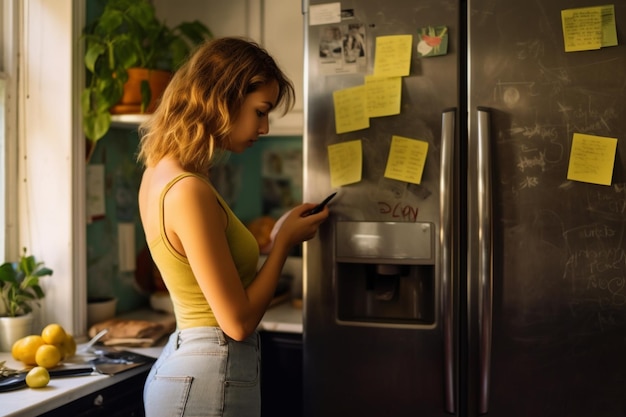 Photo woman in her kitchen in the morning posting sticky notes on the fridge