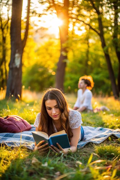 Photo woman hiding behind the book young beautiful girl lies in the woods on the grass and reading a book