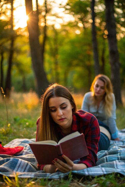 Photo woman hiding behind the book young beautiful girl lies in the woods on the grass and reading a book