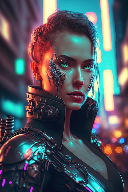 Woman in a highly populated futuristic city filled with neon lights she is a cyborg AIGenerated