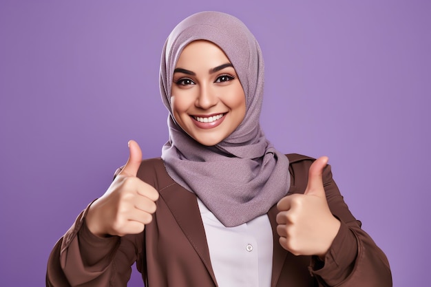 A woman in a hijab giving a thumbs up