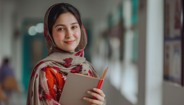 a woman in a hijab holds a pencil in her right hand