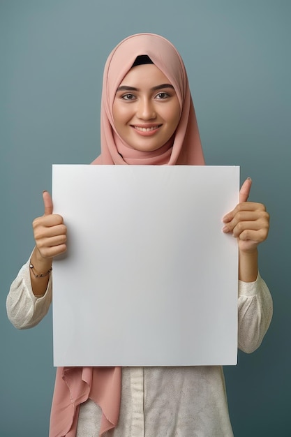 A woman in a hijab holds a sign standing confidently amidst a bustling city street