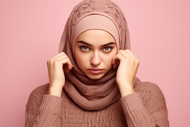 A woman in a hijab is wearing a beige sweater.