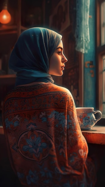 A woman in a hijab looking out a window